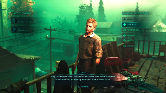 Hell is Us screenshot showing man with one arm in woollen jumper discussing the land of Hadea