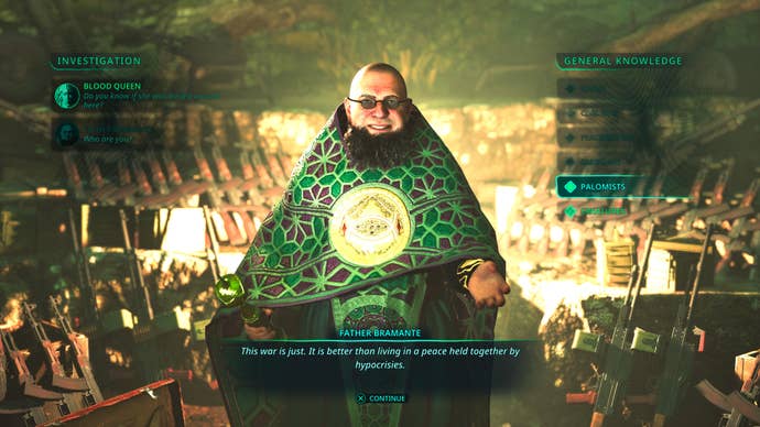Hell is Us screenshot showing conversation with priest in elaborate cloak