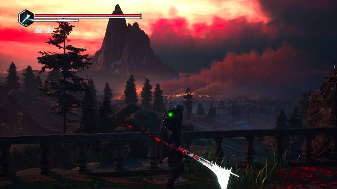 Hell is Us screenshot showing player character in front of an ominous mountain and red sky