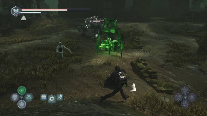 Hell is Us screenshot showing player character battling green glowing enemies