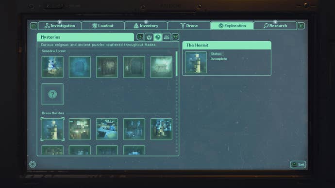 Hell is Us screenshot showing low-fi menu system listing quests