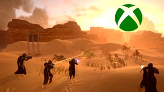 Helldivers 2 image showing a fight on a dusty desert like area with an Xbox logo in the sky