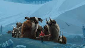 A herd of mystical yak-like creatures gather around a young shepherd with a staff.
