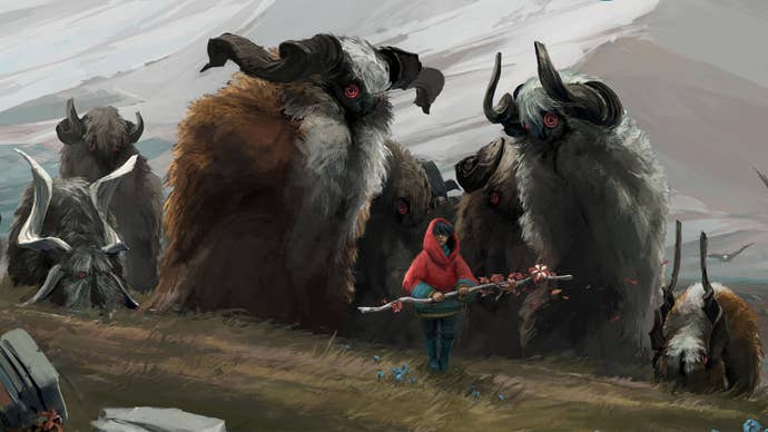 Two large bison-like creatures gather around a shepherd in red, armed with a staff.