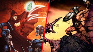 Composite of Heretic and Hexen cover art, showing a spellcasting wizard surrounded by the undead on the left and a sword-wielding warrior fighting a dragon on the right.