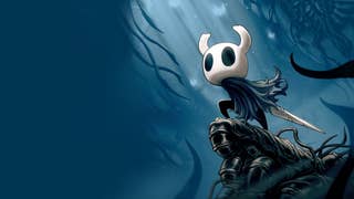 Image of Hollow Knight on a ledge looking eager, over a blue-hued bacground of vines and light rays
