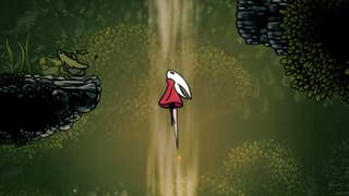 Hollow Knight Silksong screenshot showing close up of Hornet protagonist ascending through a lush green environment