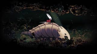 Hollow Knight screenshot showing Hornet character riding a giant bug in dark underground area