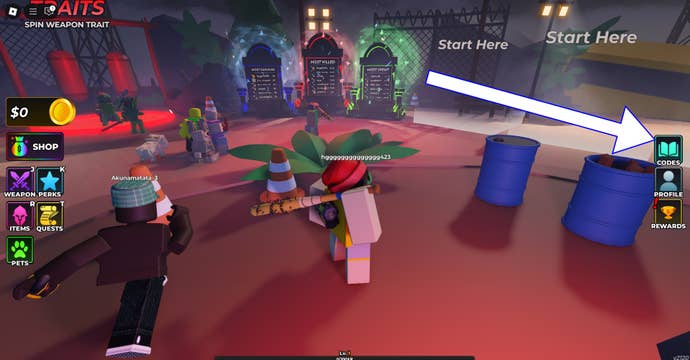 Codes button in Hunty Zombie.