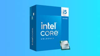 Intel Core i5-14600K processor and box on a gradient background