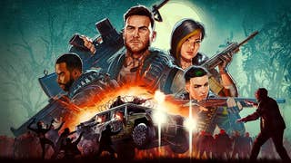 A poster-like illustration showing a collection of hard-looking people with guns, while in the foreground there's a keep with yet more guns mowing down some zombies. The moon beams from behind.