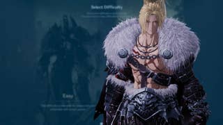 A muscle-bound, cel-shaded man with blonde hair stands over a blurred image of a game offering Easy and Normal difficulty modes.