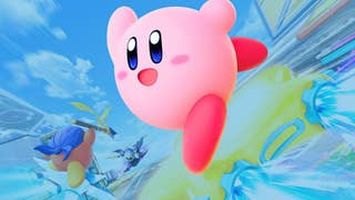 Kirby strikes a pose, whilst riding a star, for key art in Kirby Air Riders over a blue background.