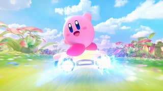 Kirby rides a star through a green land in Kirby Air Riders.