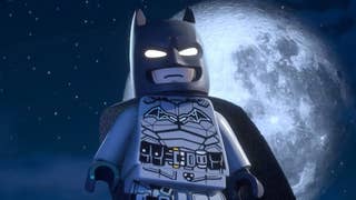 Lego Batman: Legacy of the Dark Knight trailer shot showing Lego Batman glowering at night with a giant full moon behind him.
