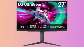 LG UltraGear 27GR93U-B gaming monitor on a gradient background