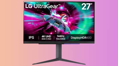 LG UltraGear 27GR93U-B gaming monitor on a gradient background