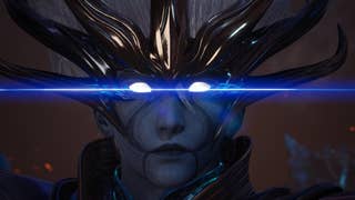 Lost Soul Aside screenshot showing close up of grand character with crown and glowing blue eyes