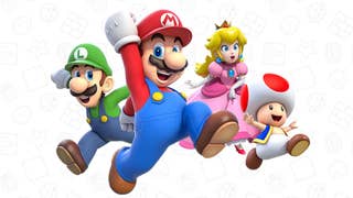 Luigi, Mario, Peach and Toad all looking very happy together