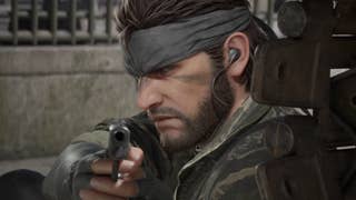 Metal Gear Solid Delta Snake Eater trailer screenshot showing close up of Snake with bandana aiming a pistol from behind cover