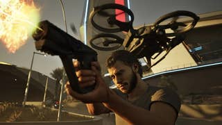 MindsEye official image showing the protagonist shooting a gun towards the side of the camera ith a quad-copter drone overhead.