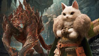 A Monster Hunter Wilds palico standing heroically
