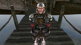 A soldier in an open-faced silver helmet stands on a wooden bridge looking at the camera.