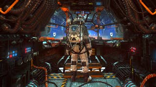 Image from No Man's Sky's Voyagers update showing a player standing in the cockpit of their customisable Corvette ship.