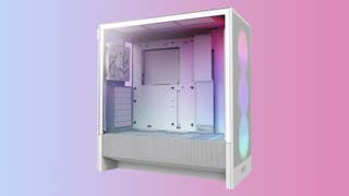 NZXT H5 Flow RGB white PC case on a gradient background