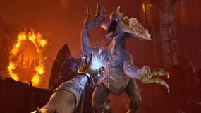 Oblivion Remastered screenshot showing a character reaching the arms towards a dragon like creature attacking them. There is a firey portal in the background