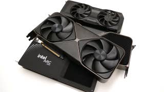 pile of graphics cards: arc b580, rx 7800 xt, rtx 5080, rtx 5090