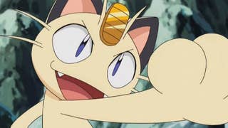Pokémon Meowth raises his arm.
