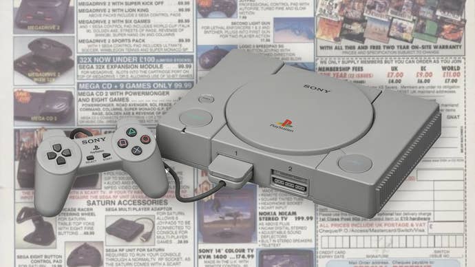 An original PlayStation console and controller over the top of a Special Reserve print advert.