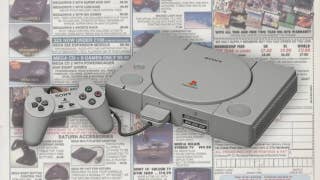 An original PlayStation console and controller over the top of a Special Reserve print advert.