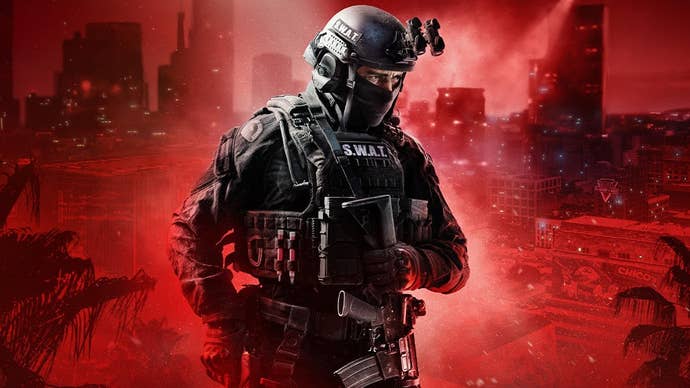 Ready or Not promo image showing a SWAT team member in tactical gear against a red city backdrop