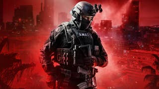 Ready or Not promo image showing a SWAT team member in tactical gear against a red city backdrop