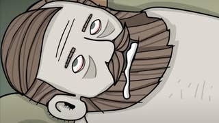 Illustration from Rusty Lakes' Servant of the Lake showing a bearded man drooling on a couch.