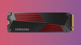 Samsung 990 Pro heatsink SSD on a gradient background