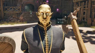 The golden skinned character Sargamis in Avowed, with bright, glowing eyes.