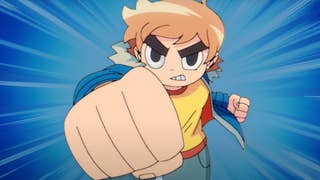 Scott Pilgrm, dark eyebrows, scruffy hair and a blue jacket, rushes towards the screen with a punch.