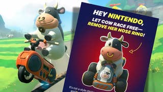 A screenshot of Cow riding across a tightrope. Next to them is a poster that reads: Hey Nintendo, Let Cow race free - remove her nose ring!