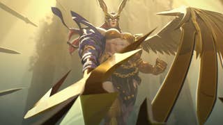 Trailer screenshot of Marvel Rivals season 4 showing one-winged warrior character Angela with golden spear