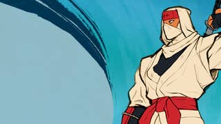 A ninja stands with one hand on his sword, looking to his right, over a blue background.