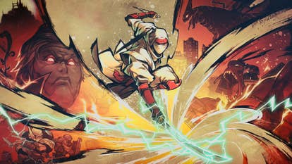Key art for Shinobi: Art of Vengeance featuring a ninja striking the floor with an energised sword, and various demons surrounding it.
