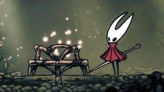 Silksong's Hornet standing next to a bench