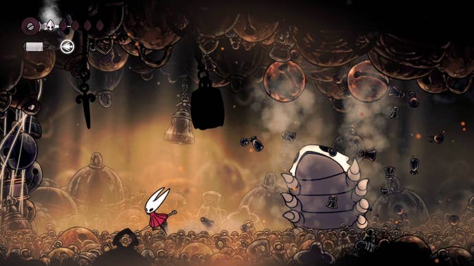 Hornet fights the Bell Beast as he throws bells at her in Hollow Knight: Silksong
