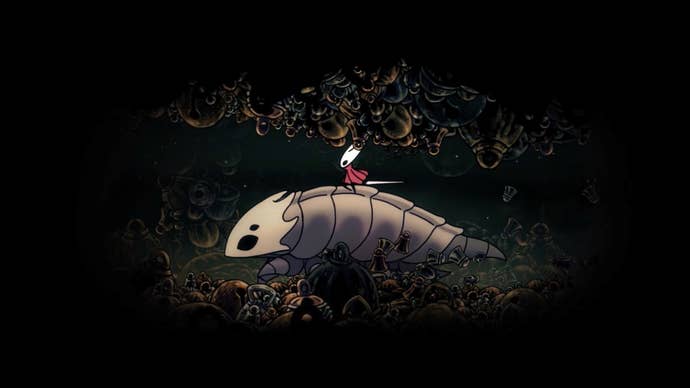Hornet fast-travels atop the Bell Beast in Hollow Knight: Silksong