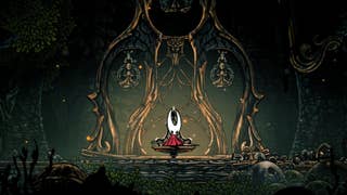 Hornet sits on a Bench in Far Fields in Hollow Knight: Silksong