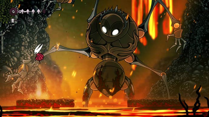 Hornet dodges the Fourth Chorus' hand swipe attack in Hollow Knight: Silksong