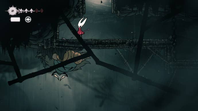 Hornet stands in a corner with Moorwing beneath her in Greymoor in Hollow Knight: Silksong
